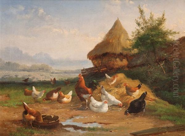 Coq Et Poules A La Cour Oil Painting by Jef Louis Van Leemputten