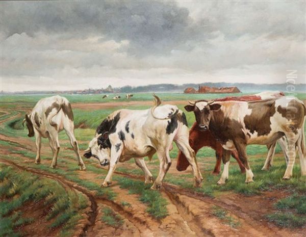 Taureaux Au Champ Oil Painting by Jef Louis Van Leemputten