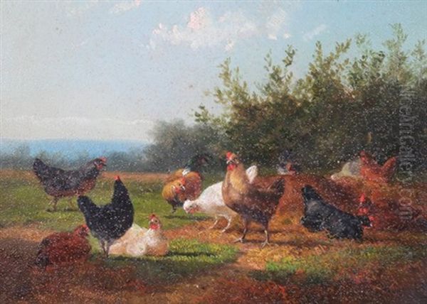 Chickens In A Barn Oil Painting by Jef Louis Van Leemputten