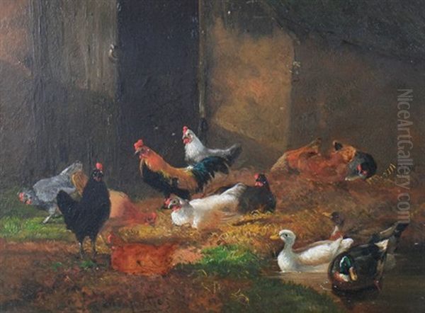 Chickens In A Barn Oil Painting by Jef Louis Van Leemputten