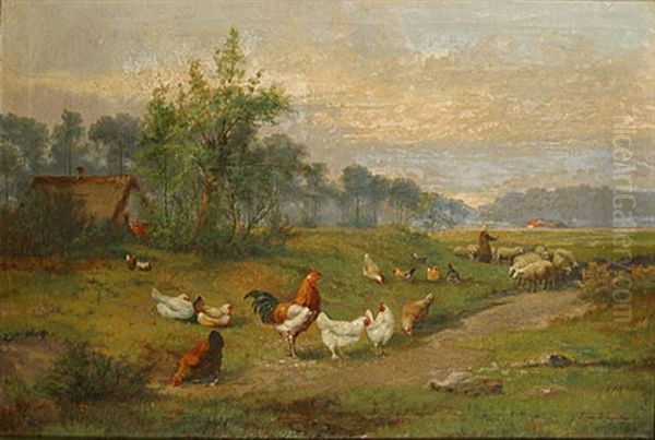 Scharrelende Haan En Kippen Oil Painting by Jef Louis Van Leemputten