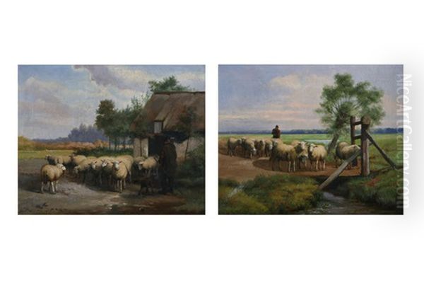 Berger Aux Moutons Devant Une Ferme. Paysage Anime D'un Berger Aux Moutons (pair) Oil Painting by Jef Louis Van Leemputten