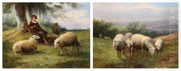 Scene Pastorale Animee D'une Bergere Aux Moutons (pair) by Jef Louis Van Leemputten