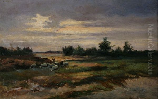 Berger Aux Moutons A La Fagne Oil Painting by Jef Louis Van Leemputten