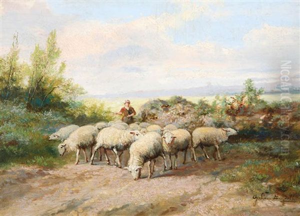 Berger Et Troupeau De Moutons Oil Painting by Jef Louis Van Leemputten