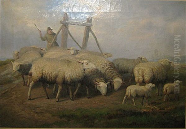 Herder Met Zijn Schapen Oil Painting by Jef Louis Van Leemputten