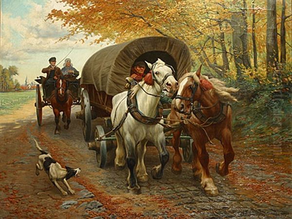 Huifkar Met Paarden Aan De Rand Van Het Bos Oil Painting by Jef Louis Van Leemputten