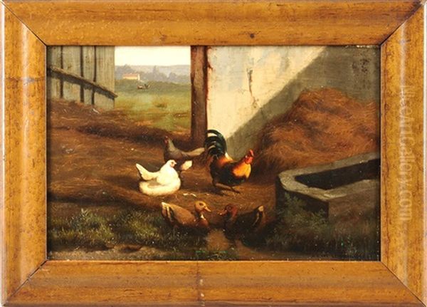 Hahn Mit Hennen Und Zwei Enten Im Stall Mit Ausblick Auf Landschaft Oil Painting by Jef Louis Van Leemputten