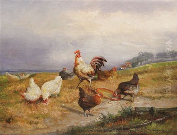 Coq Et Poules Au Paysage Oil Painting by Jef Louis Van Leemputten