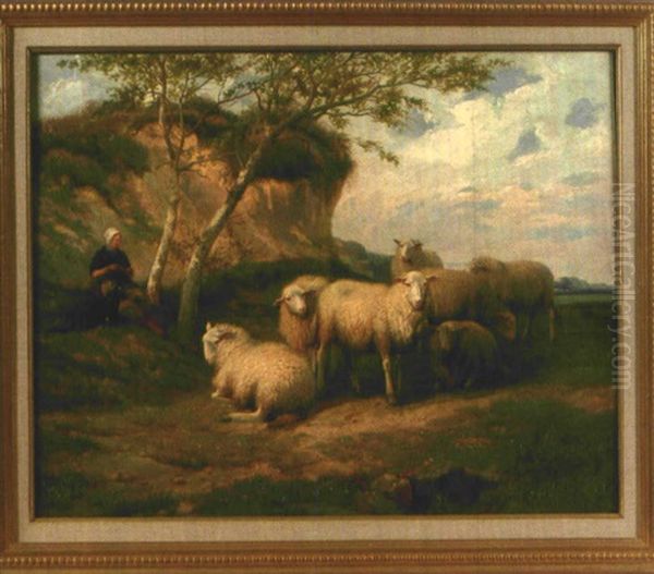 Schafhirtin Mit Hirtenhund Bei Ihrer Herde Oil Painting by Jef Louis Van Leemputten