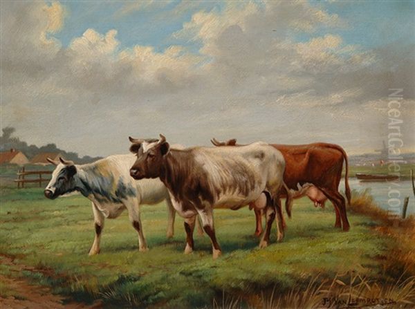 Three Cows In A Meadow Oil Painting by Jef Louis Van Leemputten