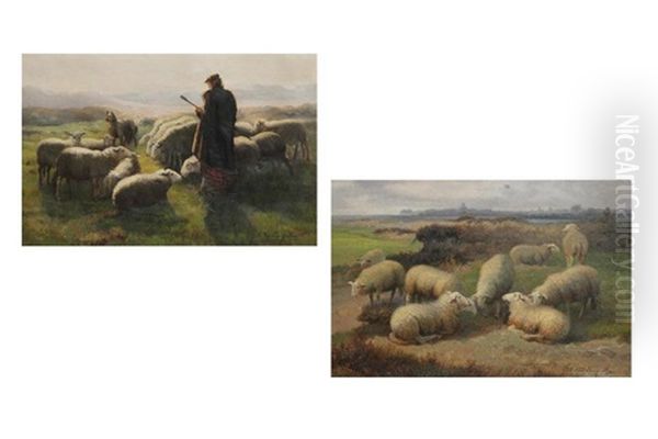 Shepherd With Flock (+ Sheep In Meadow; Set Of 2) Oil Painting by Jef Louis Van Leemputten