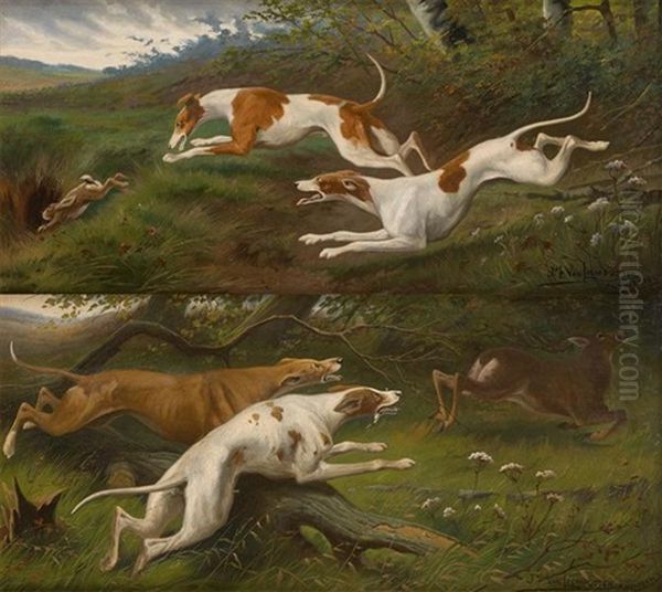 Chiens De Chasse Courrant (+ Another; 2 Works) Oil Painting by Jef Louis Van Leemputten