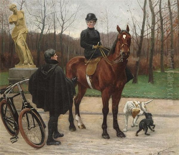 Scene De Parc Anime D'une Dame A Cheval, D'un Jeune Homme Et De Deux Chiens Oil Painting by Jef Louis Van Leemputten