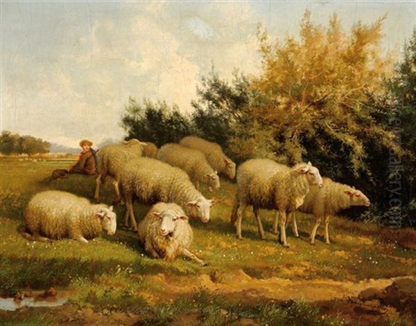 Shepherd With His Sheep In A Landscape Oil Painting by Jef Louis Van Leemputten