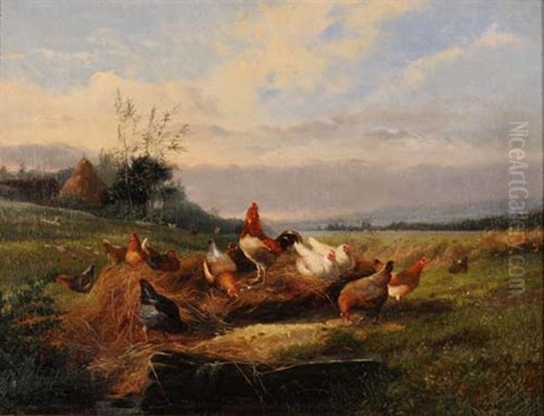 Weite Landschaft Mit Hahn Und Huhnern Oil Painting by Jef Louis Van Leemputten