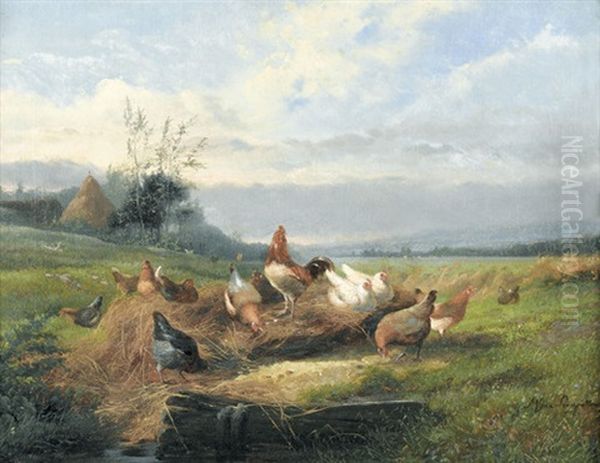 Huhner Auf Dem Feld Oil Painting by Jef Louis Van Leemputten