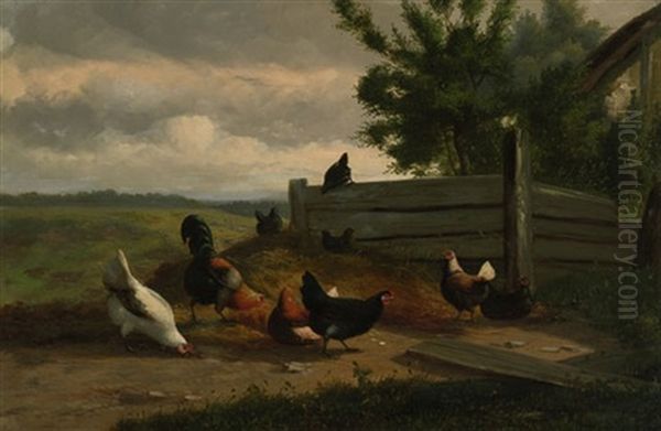 Huhner In Einer Landschaft Bei Einem Bauernhof Oil Painting by Jef Louis Van Leemputten