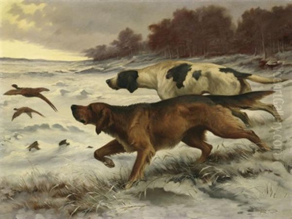 Zwei Jagdhunde In Den Verscheiten Dunen Oil Painting by Jef Louis Van Leemputten