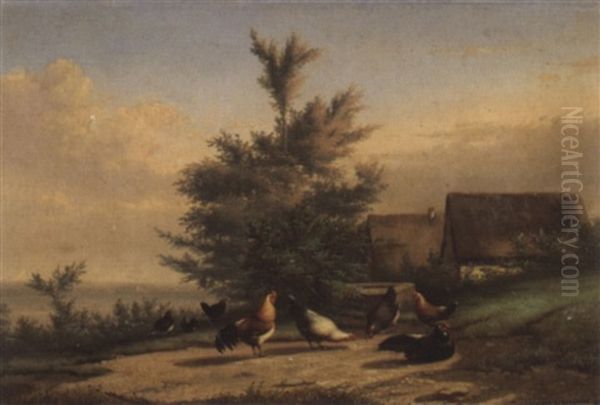 Huhnerhof Mit Blick Auf Seelandschaft Oil Painting by Jef Louis Van Leemputten