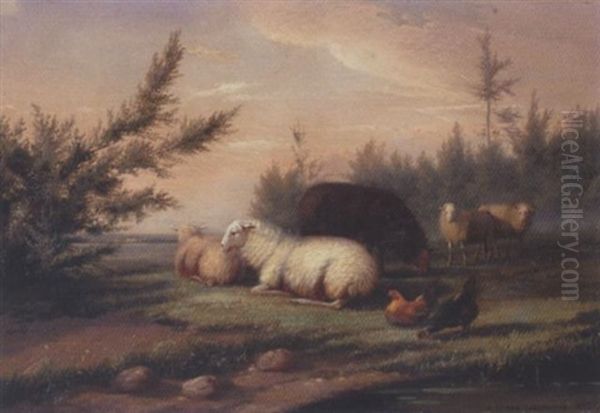 Sheep And Ducks Oil Painting by Jef Louis Van Leemputten