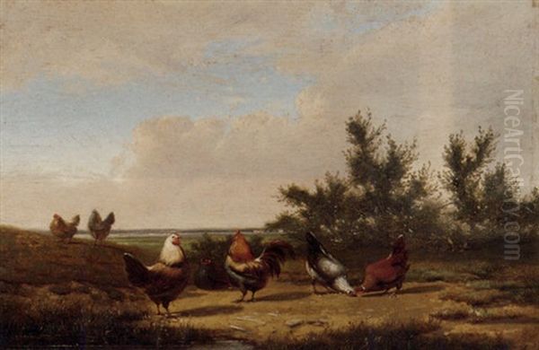 Poultry In A Field Oil Painting by Jef Louis Van Leemputten