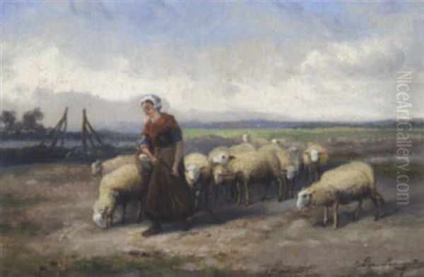 Schafhirtin Mit Herde Oil Painting by Jef Louis Van Leemputten