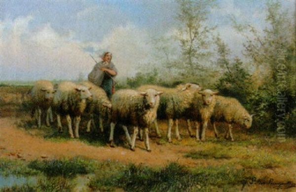 Hirtin Mit Schafherde Oil Painting by Jef Louis Van Leemputten