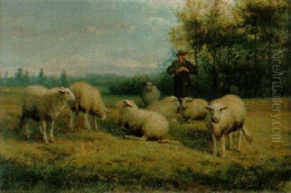 Hirte Mit Seiner Schafherde Oil Painting by Jef Louis Van Leemputten