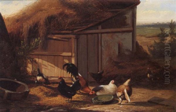 Poultry Near A Barn Oil Painting by Jef Louis Van Leemputten