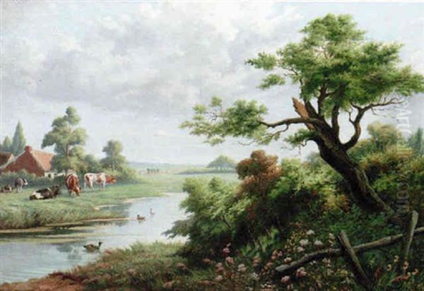 Landscape With Cows Oil Painting by Jef Louis Van Leemputten