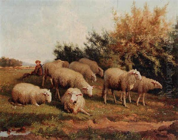 A Flock Of Sheep Oil Painting by Jef Louis Van Leemputten