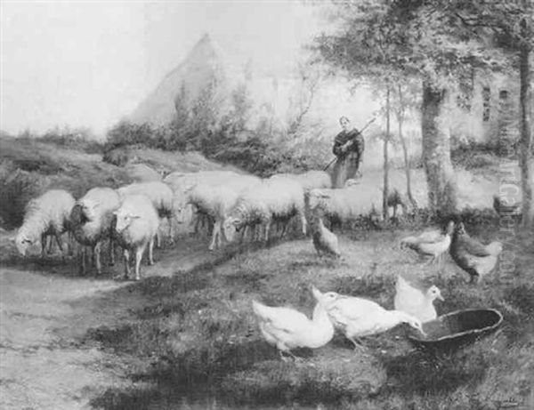 Shepherdess And Her Flock With Geese In The Foreground Oil Painting by Jef Louis Van Leemputten