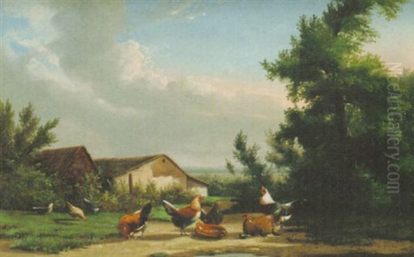 Poultry Near A Farmstead Oil Painting by Jef Louis Van Leemputten