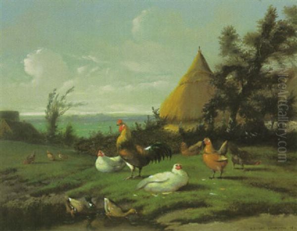 Hahn, Huhner Und Enten Am Seeufer Nahe Bauerhausern Oil Painting by Jef Louis Van Leemputten