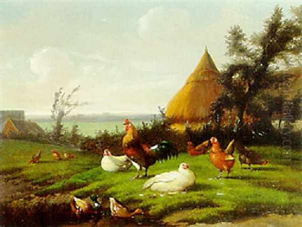 Poultry In A Meadow, A Valley Beyond Oil Painting by Jef Louis Van Leemputten