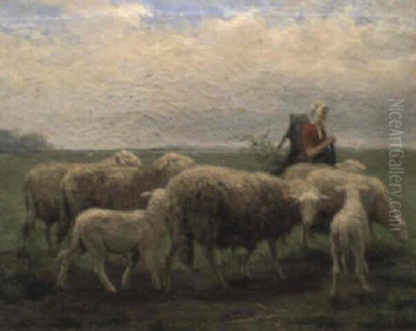 Sheep And Shepherdess In A Landscape Oil Painting by Jef Louis Van Leemputten