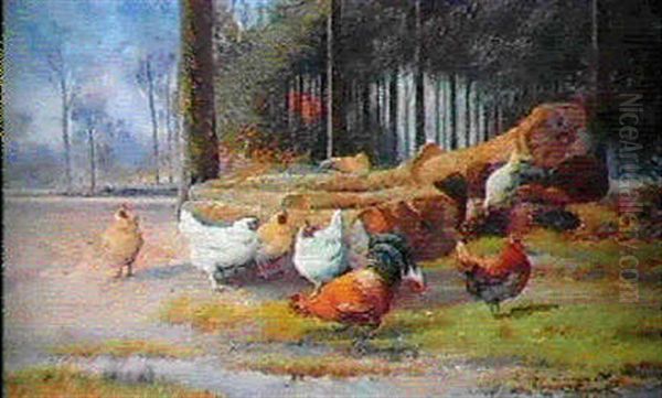 Coq Et Poules Au Bord Du Chemin Oil Painting by Jef Louis Van Leemputten