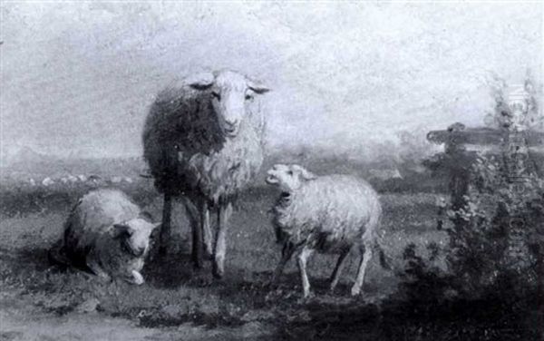 Mutterschaf Mit 2 Lammern Auf Einem Wiesenstuck In Weiter   Ebene An Einem Hellen Sommer- Tag Oil Painting by Jef Louis Van Leemputten