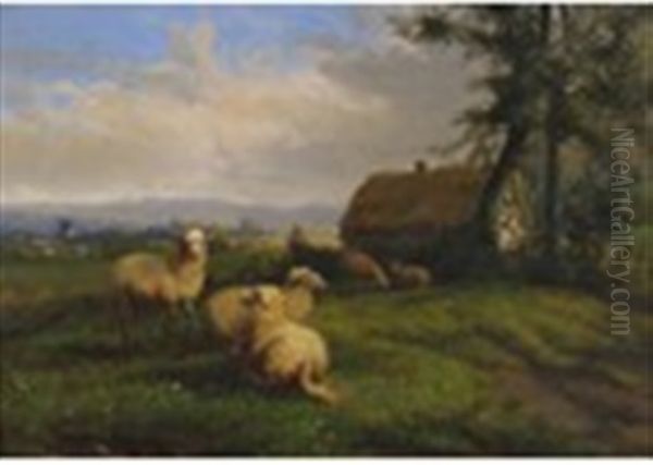 Sheep Grazing In A Summer Pasture Oil Painting by Johan Lodewijk Van Leemputten