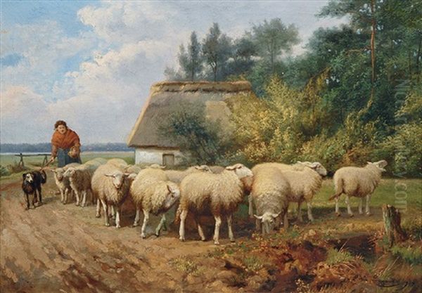 Bauerin Mit Schafherde Oil Painting by Johan Lodewijk Van Leemputten