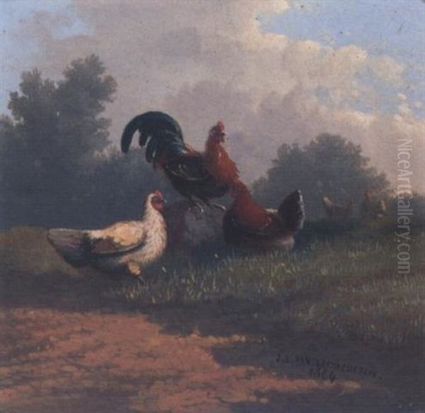 Chickens In A Pastoral Landscape Oil Painting by Johan Lodewijk Van Leemputten