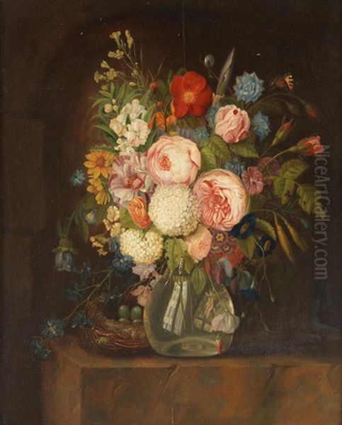 Roses, Snowballs, Convolvulus And Other Flowers In A Glass Vase With A Bird's Nest On A Stone Ledge Oil Painting by Willem van Leen