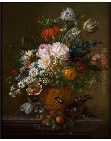 Blumenstillleben Mit Voglen Auf Einem Vogelnest Sowie Erdbeeren Oil Painting by Willem van Leen