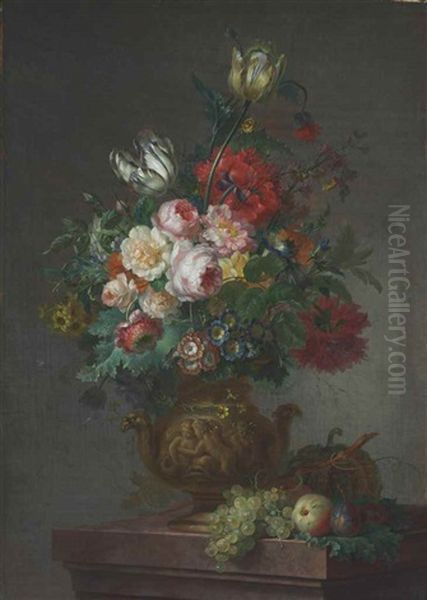 A Still Life With Tulips, Peonies, Primroses, Morning Glories And Other Flowers On A Ledge With Fruit Oil Painting by Willem van Leen