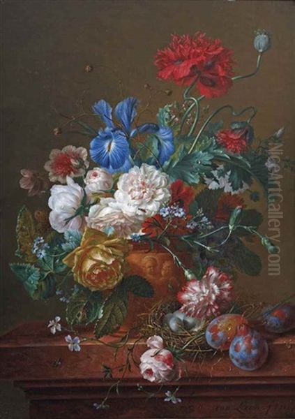 A Bouquet Of Roses, Poppies, Forget-me-nots, Irises And Carnations In An Earthenwear Vase With Prunes And A Bird's Nest On A Ledge Oil Painting by Willem van Leen