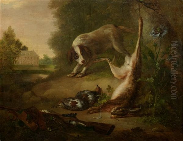 A Spaniel With A Dead Hare, Partridge And Accoutrements Of The Chase With A Country House Beyond Oil Painting by Willem van Leen