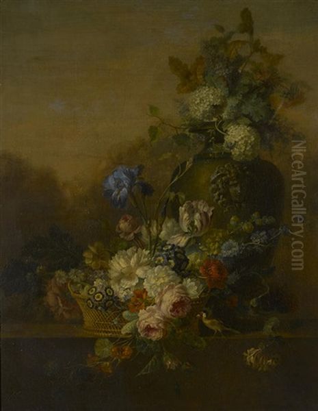 A Bouquet Of Flowers In A Wicker Basket In A Landscape Oil Painting by Willem van Leen