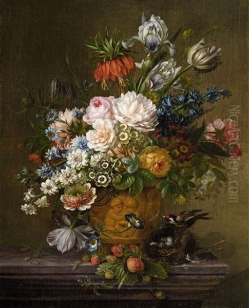 Still Life With Flowers, A Bird's Nest And Strawberries Oil Painting by Willem van Leen