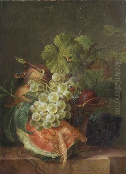 A Slice Of Melon And Grapes In A Basket, With A Ladybug And Other Insects, All On A Marble Ledge Oil Painting by Willem van Leen